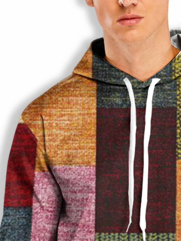 Hoodies For Men, Color Block Print Hoodie, Men's Casual Pullover Hooded Sweatshirt With Kangaroo Pocket For Spring Fall, As Gifts