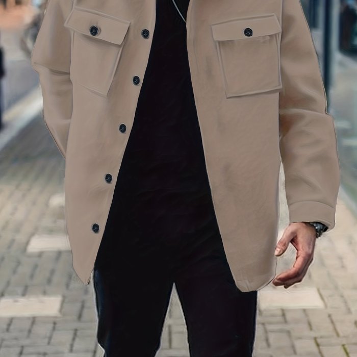 Men's Fashion Solid Fleece Jacket With Pockets For Spring\u002Fautumn, Oversized Causal Coat For Big & Tall Males, Plus Size