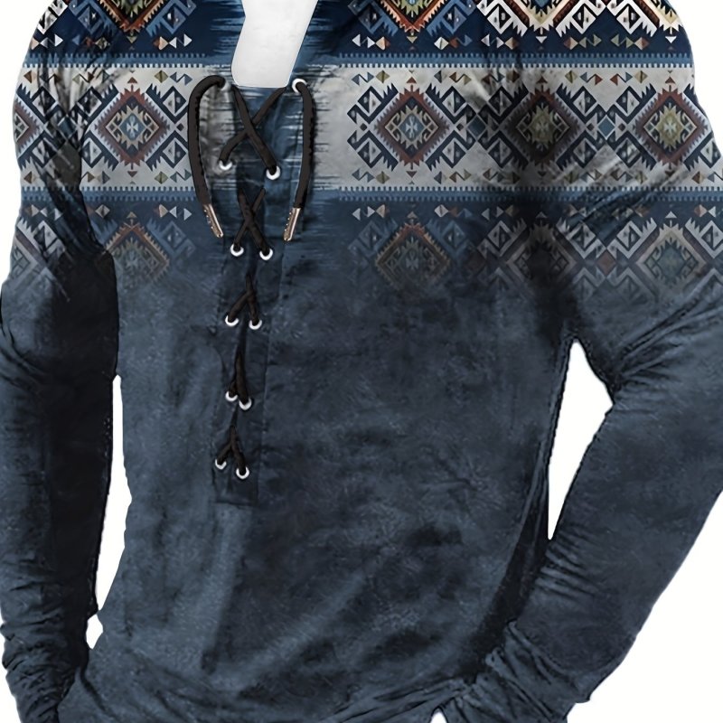 Ethnic Style Pattern Men's Retro Long Sleeve Henley Tee, Men's Casual Clothing For Spring Fall, Gift For Men