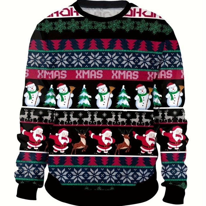 Fashionable Men's Casual Christmas Elements Pattern Print,Long Sleeve Round Neck Pullover Sweatshirt,Suitable For Outdoor Sports,For Autumn And Winter,Can Be Paired With Hip-hop Necklace,As Gifts