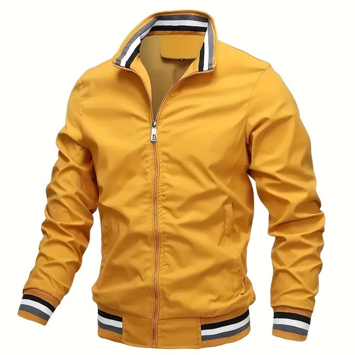 Stripe Edge Bomber Jacket, Men's Casual Stand Collar Zip Up Jacket For Spring Fall Outdoor