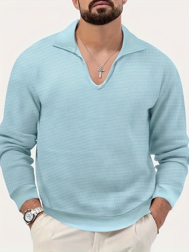 Men's V Neck Sweatshirt Pullover For Men Solid Waffle Pattern Sweatshirts For Spring Fall Long Sleeve Tops