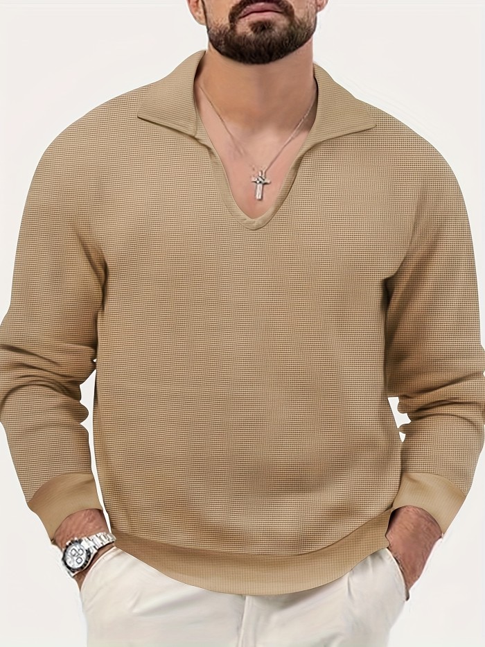 Men's V Neck Sweatshirt Pullover For Men Solid Waffle Pattern Sweatshirts For Spring Fall Long Sleeve Tops