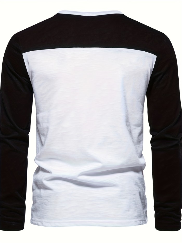 Color Block Men's Stylish Long Sleeve Round Neck T-shirt With Button, Spring Fall
