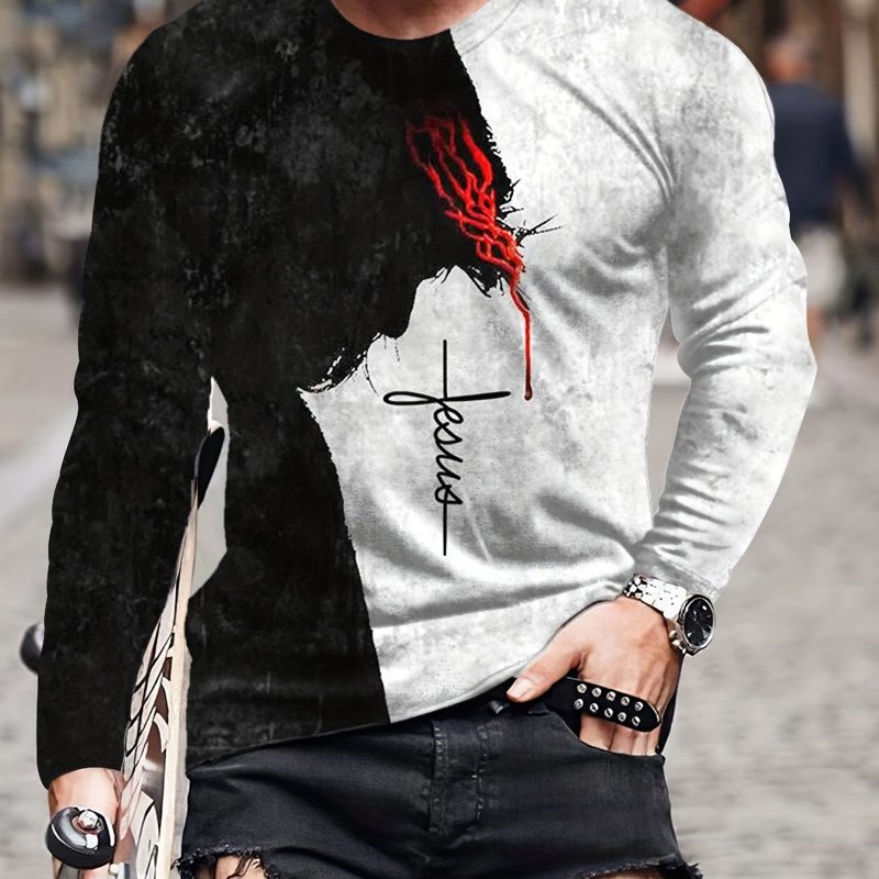 Jesus 3D Digital Print Men's Casual Comfy Long Sleeve T-shirt, Men's Graphic Clothes For Spring Summer Autumn, Tops For Men, Gift For Men