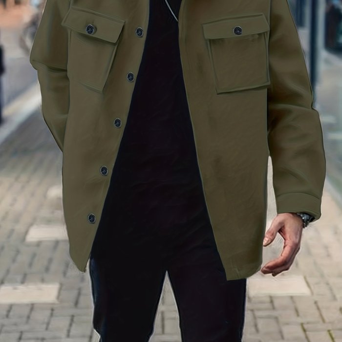 Men's Fashion Solid Fleece Jacket With Pockets For Spring\u002Fautumn, Oversized Causal Coat For Big & Tall Males, Plus Size