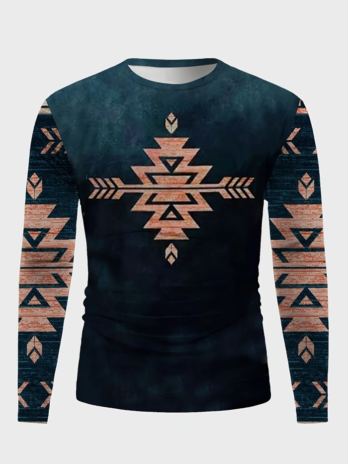 Novelty Ethnic Style Print Men's Long Sleeve Crew Neck T-shirt For Spring Fall, Casual Male Clothing