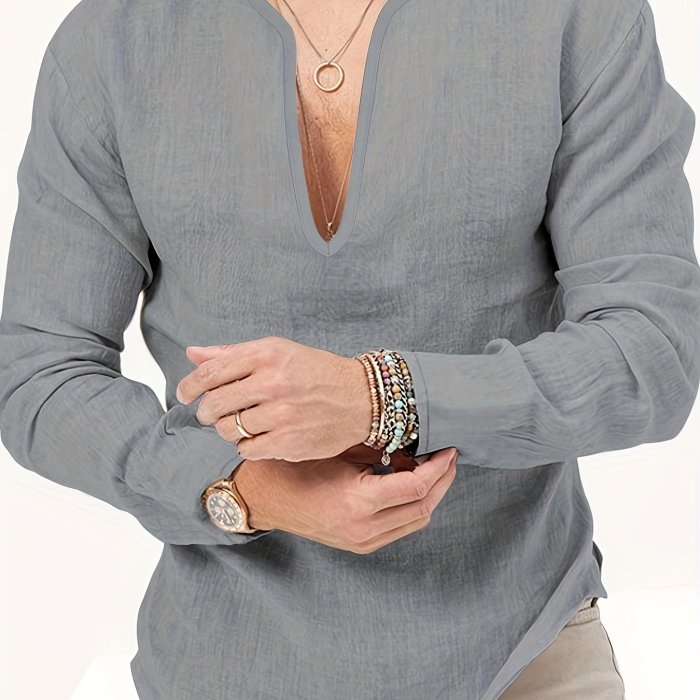 Men's Shirt Top V Neck Breathable Beach Shirt Long Sleeves Closure Regular Fit Solid Color Male Casual Shirt For Daily Vacation Resorts