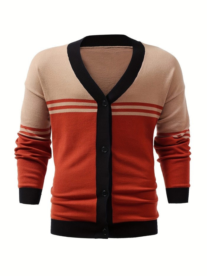 Elegant Slightly Stretch Color Block Cardigan Vest, Men's Casual Vintage Style V Neck Button Up Cardigan Vest For Fall Winter