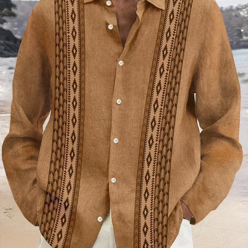 Vintage Style Pattern Men's Long Sleeve Button Up Shirt For Spring Fall