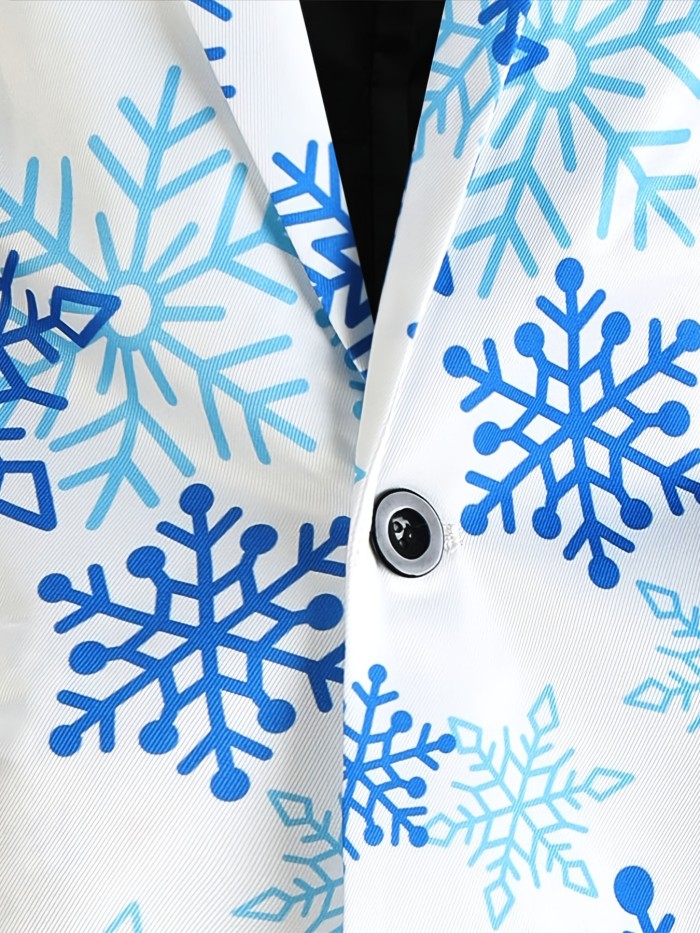 Christmas Men's Cartoon Christmas Snowflake Print Single Button Blazer Top