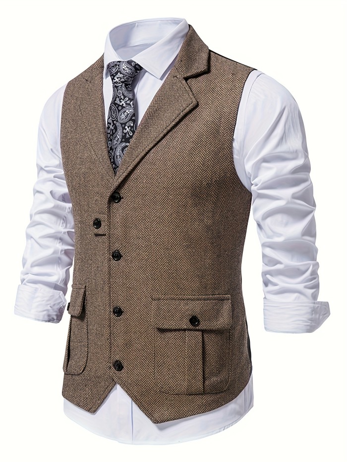 Men's Herringbone Tweed Vest Notched Lapel Single Breasted Sleeveless Vest Jacket