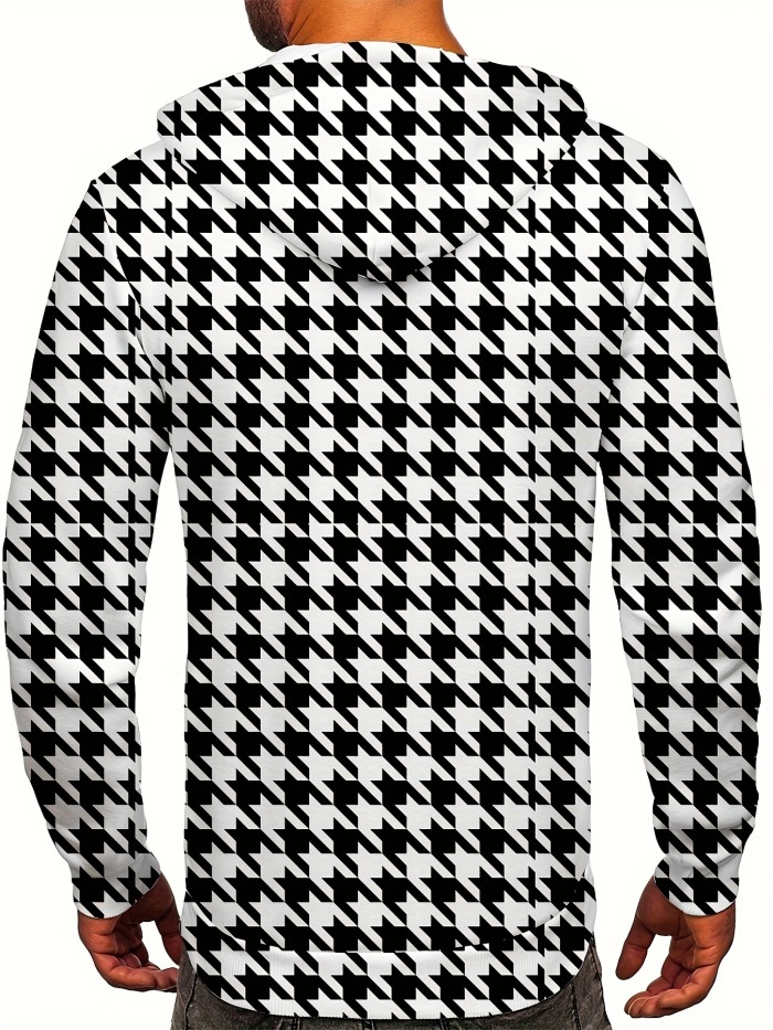 Houndstooth  Print Men's Trendy Long Sleeve Casual Sports Hoodies Sweatshirt, For Outdoor Sports In Autumn And Spring