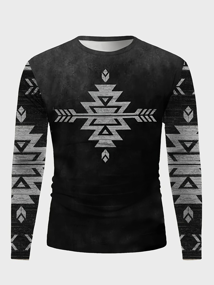 Novelty Ethnic Style Print Men's Long Sleeve Crew Neck T-shirt For Spring Fall, Casual Male Clothing