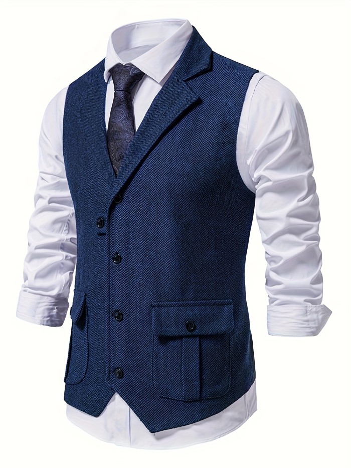 Men's Herringbone Tweed Vest Notched Lapel Single Breasted Sleeveless Vest Jacket