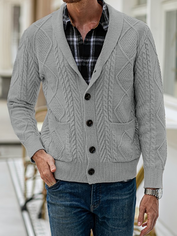Geometric Pattern Lapel Button Up Cardigan, Men's Casual Texture Pattern V Neck High Stretch Turndown Collar Sweater For Spring Fall