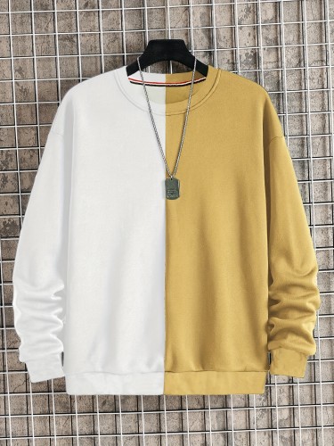 Color Block Trendy Sweatshirt, Men's Casual Graphic Design Crew Neck Pullover Sweatshirt For Men Fall Winter