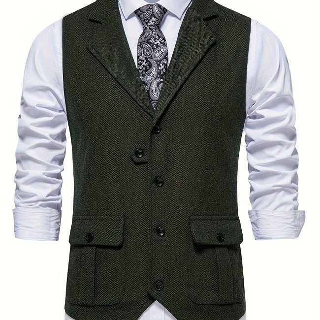 Pretty Black Slim Fit Single Breasted Solid Color Herringbone Print Men's Vest main image 1