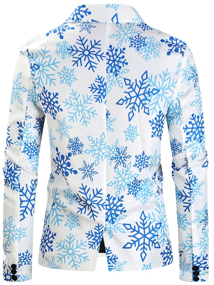 Christmas Men's Cartoon Christmas Snowflake Print Single Button Blazer Top