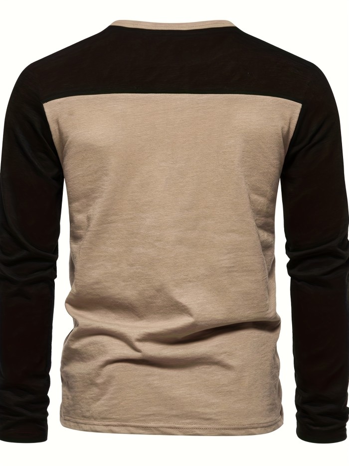 Color Block Men's Stylish Long Sleeve Round Neck T-shirt With Button, Spring Fall