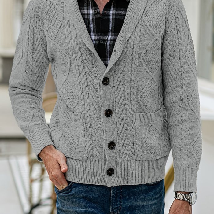Geometric Pattern Lapel Button Up Cardigan, Men's Casual Texture Pattern V Neck High Stretch Turndown Collar Sweater For Spring Fall