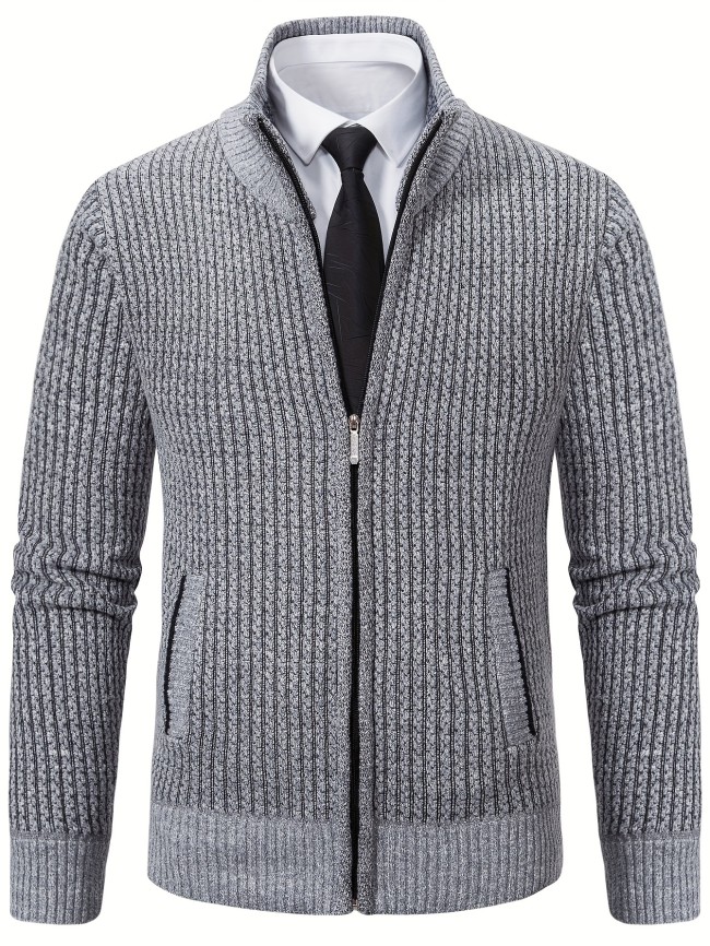 Men's Warm Herringbone Pattern Knitted Cardigan Jacket, Casual Stand Collar Stretch Jacket For Fall Winter