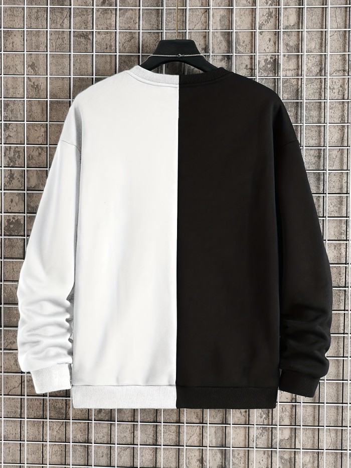 Color Block Trendy Sweatshirt, Men's Casual Graphic Design Crew Neck Pullover Sweatshirt For Men Fall Winter
