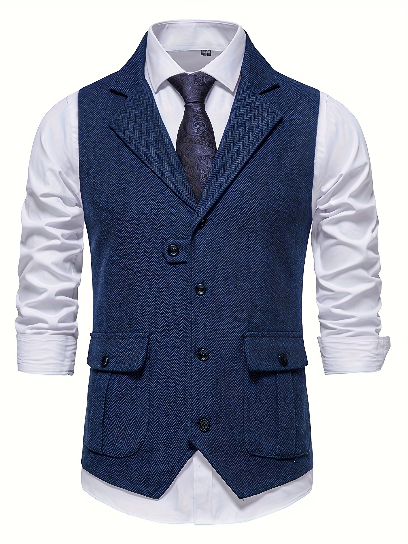 Men's Herringbone Tweed Vest Notched Lapel Single Breasted Sleeveless ...