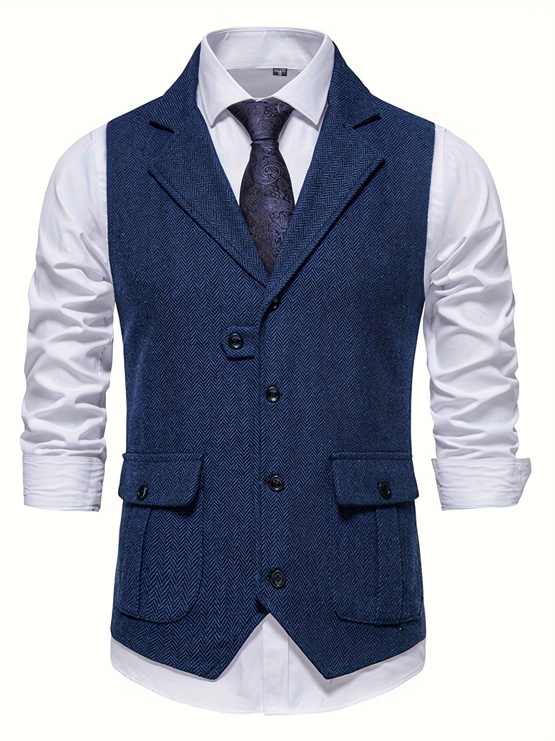 Pretty Black Slim Fit Single Breasted Solid Color Herringbone Print Men's Vest main image 0
