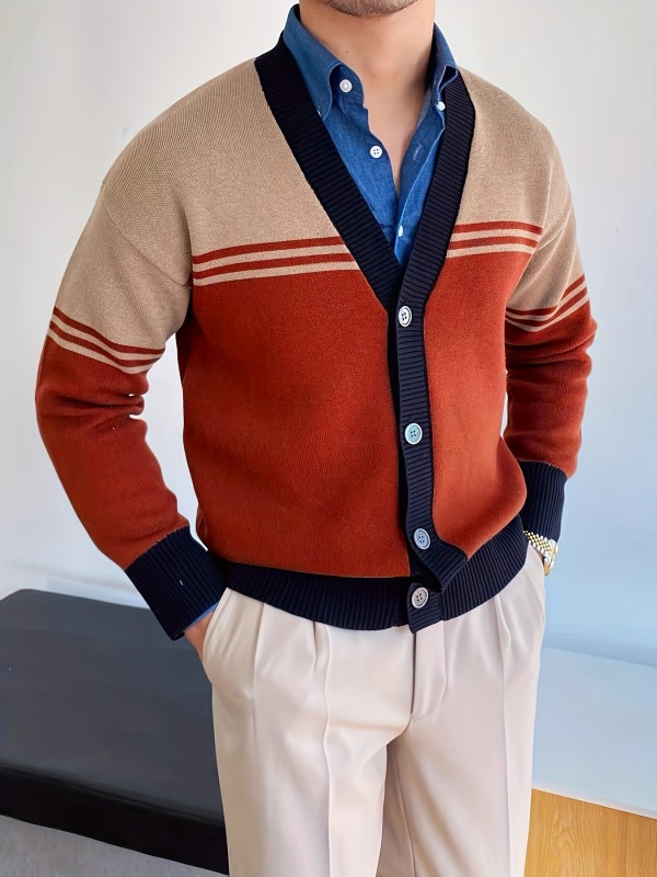 Elegant Slightly Stretch Color Block Cardigan Vest, Men's Casual Vintage Style V Neck Button Up Cardigan Vest For Fall Winter