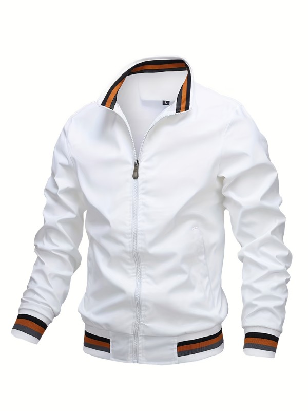 Stripe Edge Bomber Jacket, Men's Casual Stand Collar Zip Up Jacket For Spring Fall Outdoor