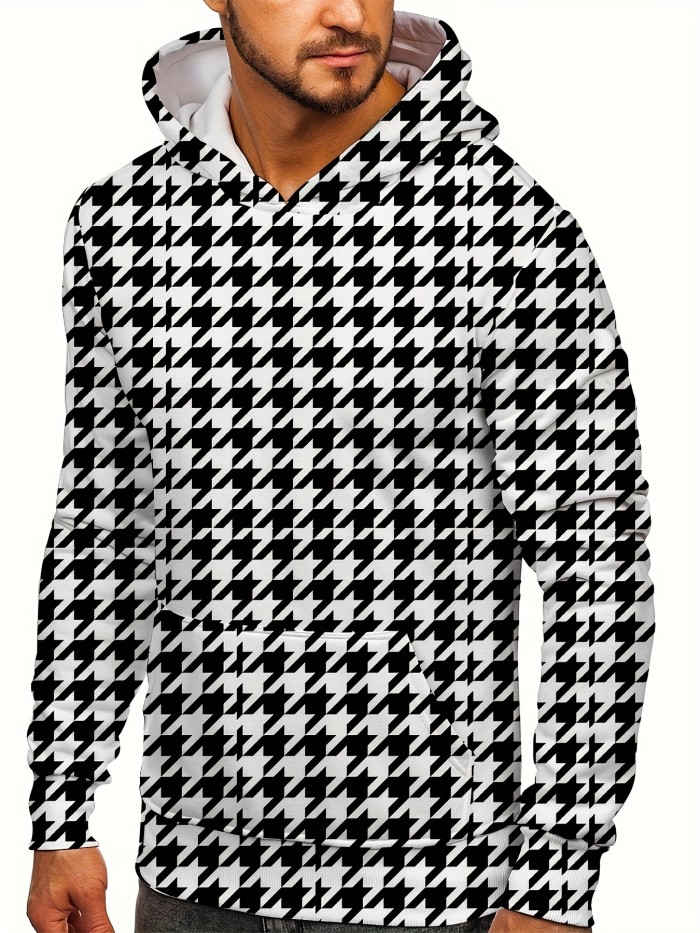 Houndstooth  Print Men's Trendy Long Sleeve Casual Sports Hoodies Sweatshirt, For Outdoor Sports In Autumn And Spring