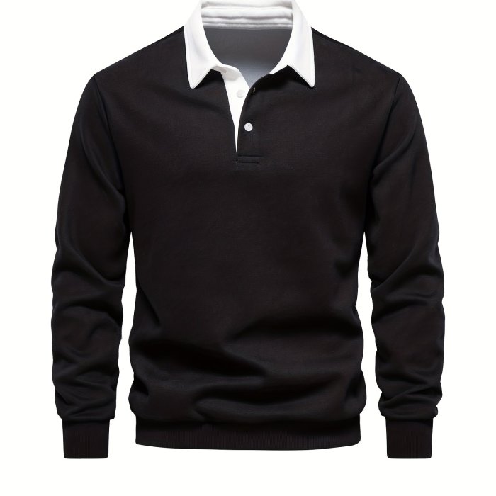 Cotton Blend Retro Lapel Shirt, Men's Casual V-Neck Pullover Long Sleeve Rugby Shirt For Spring Fall, Men's Clothing