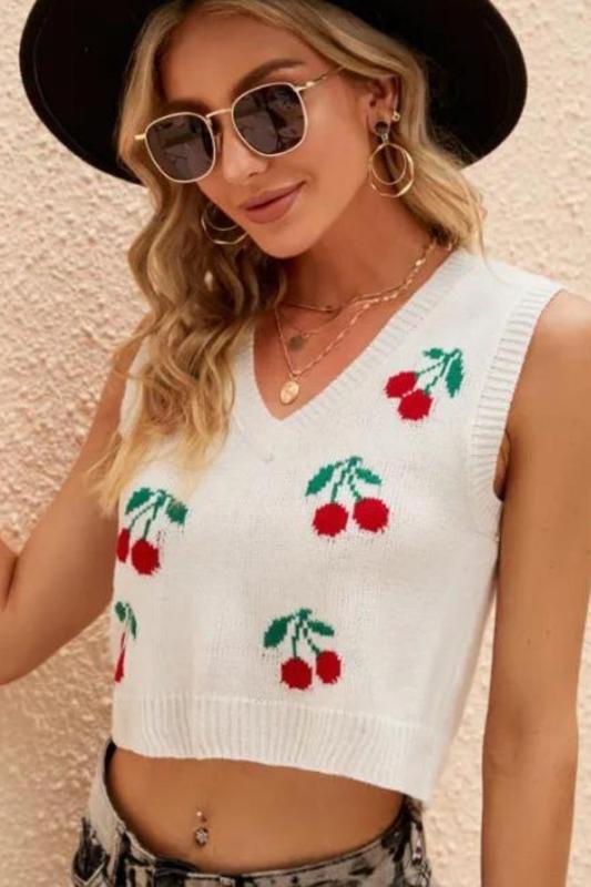 Women's Fashion Short Sweater Cherry Jacquard Loose Sweater Sleeveless Knitted Vest