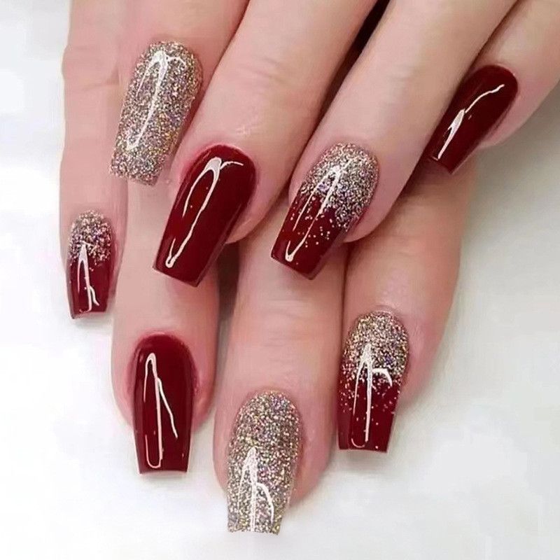 Glitter Gold Pink Burgundy Bridal Manicure Mid-Length Style  Nails