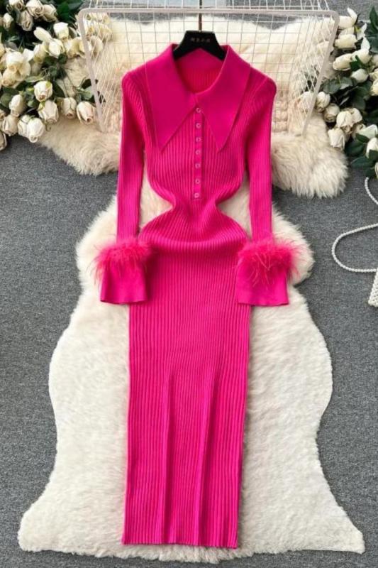 Elegant Turn-down Collar Feather Long Sleeve Knit Bodycon Pencil Slim Fashion Sweater Dress
