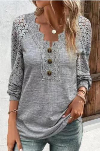 Women Solid V Neck Lace Patchwork Button Long Sleeve Casual Loose T Shirts