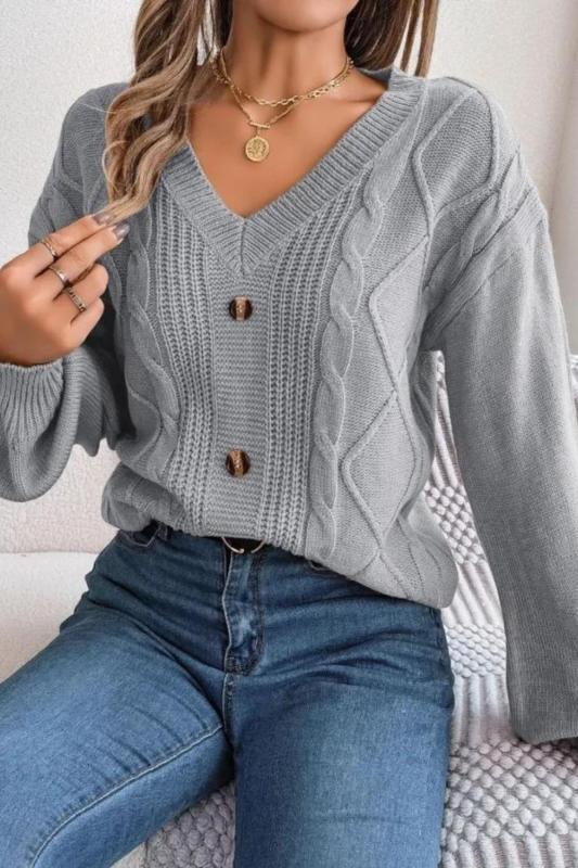 Casual Loose Twists Knit Pullover Solid V-neck Button Full Lantern Sleeve Sweater