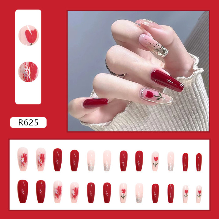 24PCS Whitening Retro Tulip Wine Red Printed and Dyed Long  Nails