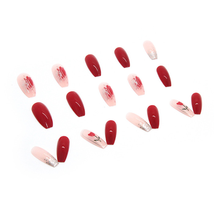 24PCS Whitening Retro Tulip Wine Red Printed and Dyed Long  Nails