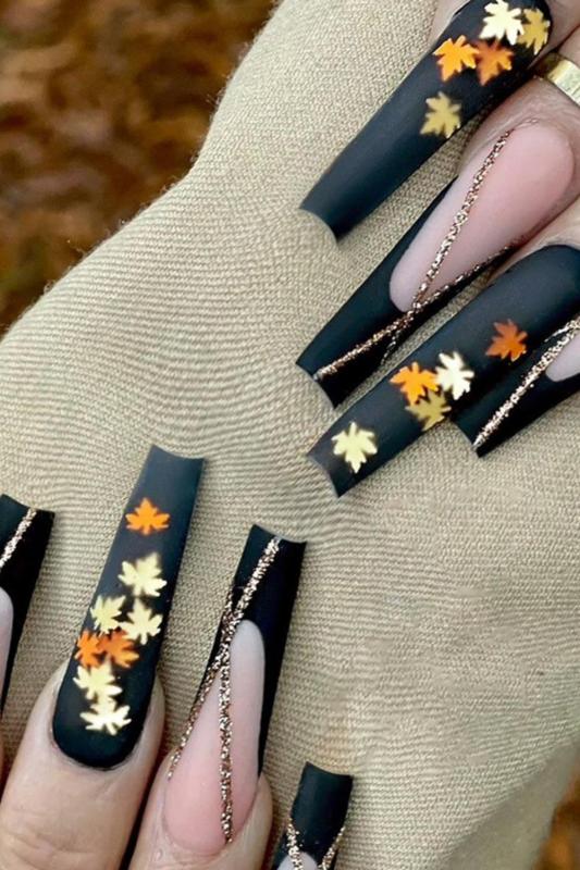 24pcs Fashionable French Striped Maple Leaf Noble Long Ballet  Nails