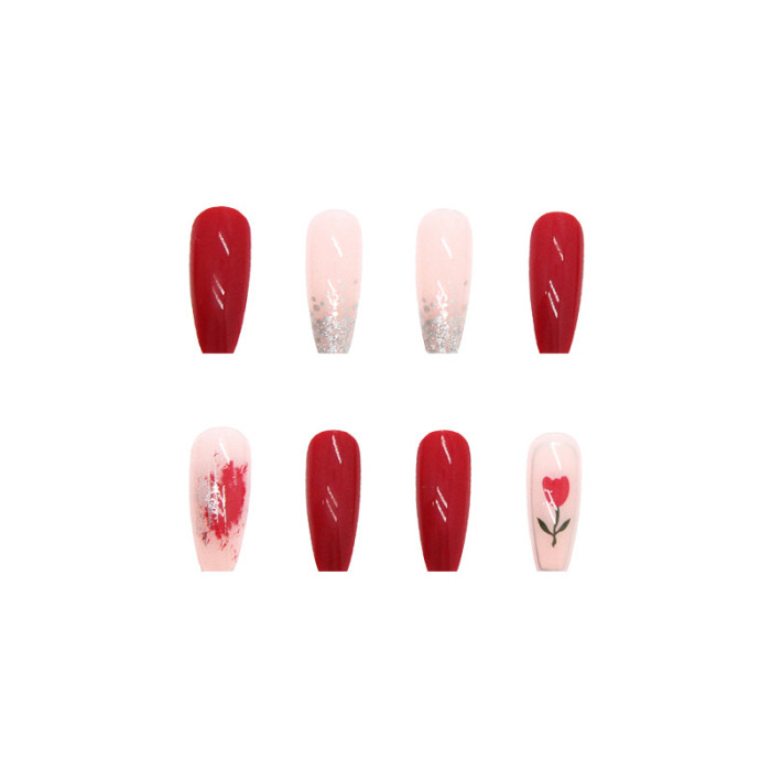 24PCS Whitening Retro Tulip Wine Red Printed and Dyed Long  Nails