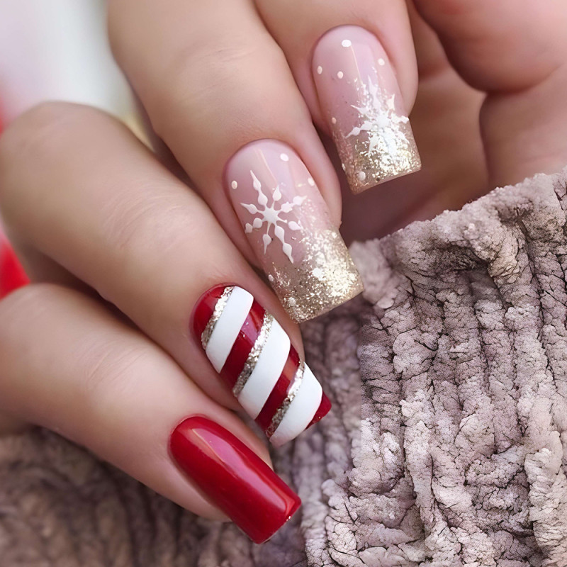 Christmas Wearable Red and White Plaid Hand-Painted Wearable Nails