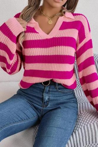 V-neck Casual Lapel Color Contrast Striped Long Sleeve Knitted Pullover Sweater Women