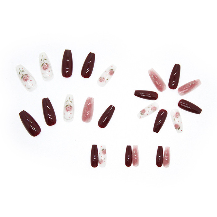 24pcs Fashionable and Cool Red Brown Rose   Beauty Wearable  Nails