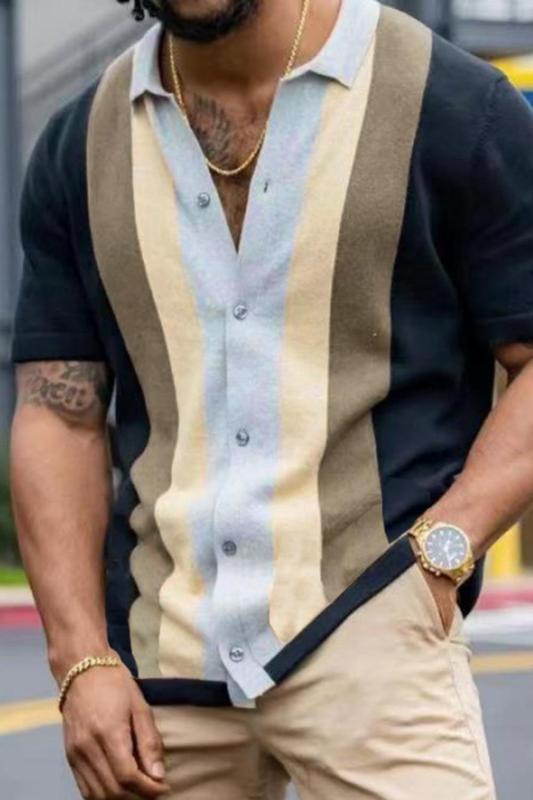 Men's Fashion Casual Knitted Short Sleeve Polo Shirt Lapel Button Cardigan T Shirt