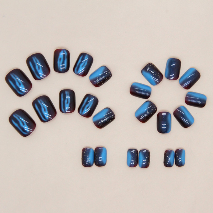 Short Explosive Aurora Manicure Galaxy Blue Glitter Manicure Wearable Nails