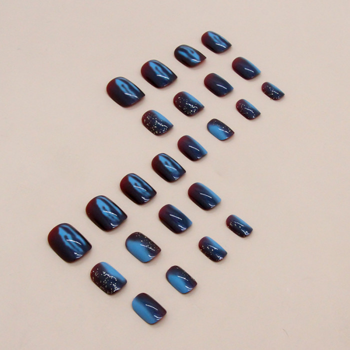 Short Explosive Aurora Manicure Galaxy Blue Glitter Manicure Wearable Nails