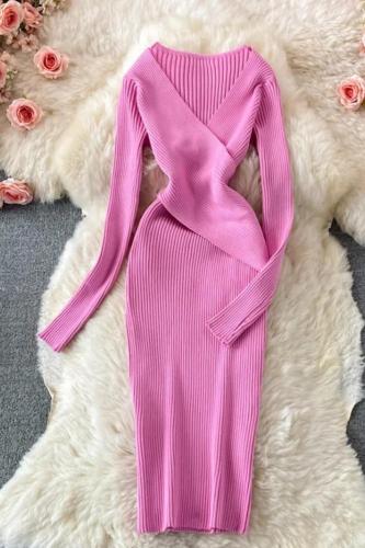 Elegant Cross V-neck Slim Waist Knitted Bodycon Sweater Dress