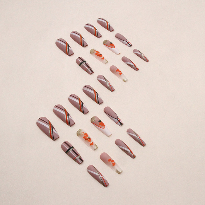 24PCS Fashionable Long Ballet Stripe Leaves Elegant Whitening  Nails